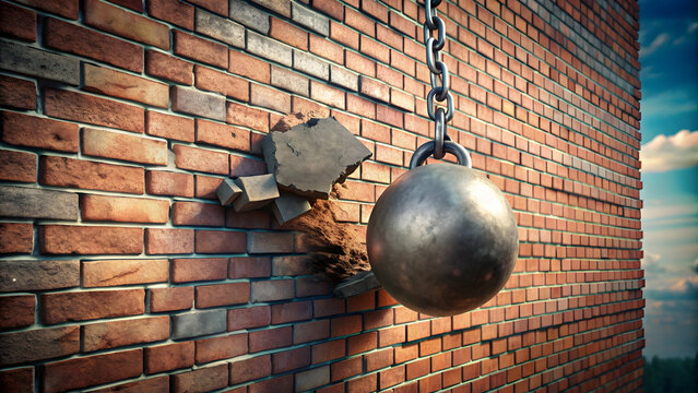 Close-up of a wrecking ball breaking through a house wall, demolition, destruction, construction, wrecking, ball, heavy