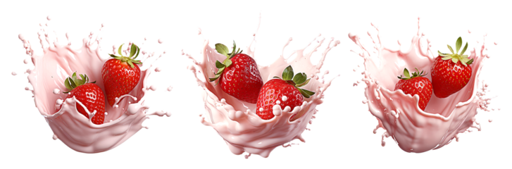 Strawberries splashing into creamy pink milk creating dynamic splashes on a transparent background