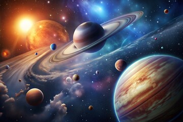Celestial panorama with planets stars and nebulae
