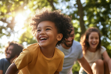 A joyful multicultural family, including parents and children, playing together in a sunlit park