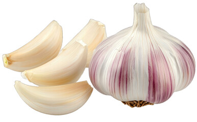 Fresh garlic bulb and cloves ready for cooking, showcasing vibrant colors and rich texture in a kitchen setting.