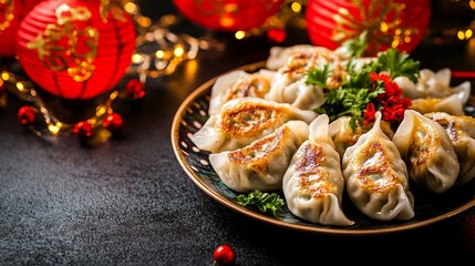 A plate of Chinese dumplings (Jiaozi) with chopsticks, surrounded by festive Chinese New Year decorations and red lanterns, perfect for banners or posters.