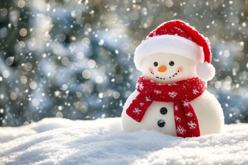 Obraz premium A smiling snowman dressed with a bright red scarf and hat stands on snow, surrounded by falling snowflakes and a blurred winter background