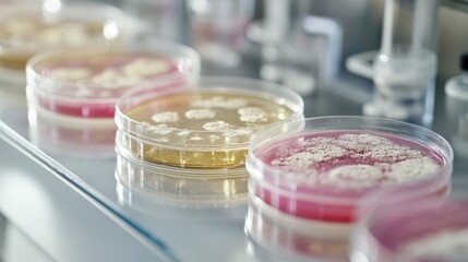 Petri dish showcasing a mix of bacteria and fungi, with visible colony patterns, placed on a clean lab bench.