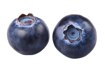 Two fresh blueberries with a rich blue hue, ideal for healthy recipes, desserts, and natural food photography.