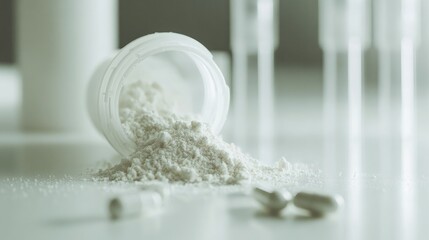 Fototapeta premium Powder cascading from an opened capsule, scattered on a white laboratory surface, with a focus on the precision of the process.