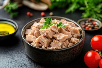 Obraz premium Canned tuna fillet with oil for salad, ai