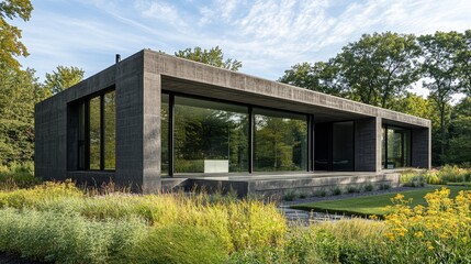 Contemporary cube architecture, dark gray concrete walls, thin horizontal windows, clean lines blending with nature in a minimalist landscape