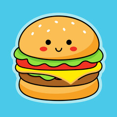 Burger in cartoon style. Cartoon burger with eyes. Isolated objects on white background. Vector illustration. Good for posters, t shirts, postcards. Design concept for cat cafe menu. stock illustratio