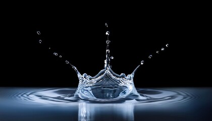 Clear single water droplet splash isolated on dark black background. Rain water. Crown Water splash on object to create shape form fluttering in droplet and wave.
