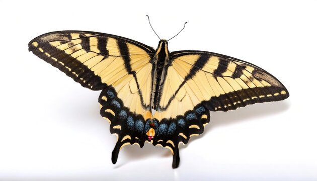 Papilio glaucus, the eastern tiger swallowtail, is a common species of butterfly native to eastern North America with yellow wings with black vertical bar pattern. Isolated on white background