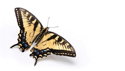 Papilio glaucus, the eastern tiger swallowtail, is a common species of butterfly native to eastern North America with yellow wings with black vertical bar pattern. Isolated on white background