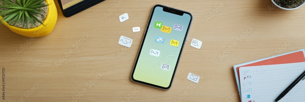 Poster Smartphone with email and messaging icons in a vibrant office setting. Focus on digital communication and online interaction themes.