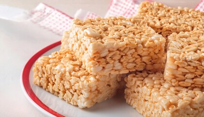 Rice Krispie square treat are rectangular, light and crispy squares made from puffed rice cereal bound together with a sweet, sticky mixture of butter or margarine and marshmallow. Homemade in kitchen