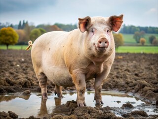 In a muddied field, a substantial domestic pig thrives, its massive stomach stretching its short torso, its snout