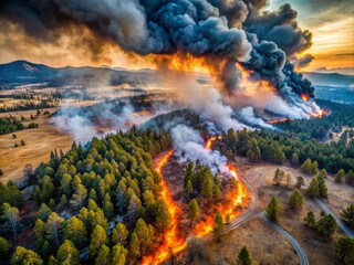 Inferno's aftermath revealed, desolate landscape sprawls before, ravaged trees reduced to scraps of charcoal, embers
