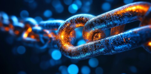 Close-up of a metallic chain with glowing light, in a dark blue background.