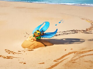 hand drawn illustration of a beach,cyclist on the beach,sand castle on the beach