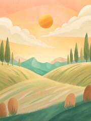 Fototapeta premium Abstract summer landscape featuring rolling hills and serene atmosphere for seasonal designs