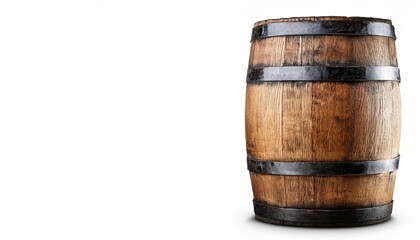 Obraz premium Large wooden barrel, keg or cask for alcohol drinks containing whiskey, beer or wine, spirits. isolated on white background with copy space. used to transport nails, gunpowder, or other liquids