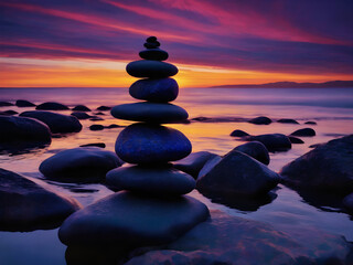 Stack of zen stones podium in calm ocean with evening sun with horizon. Beautiful Balance pebble stone scenery background. Generative AI