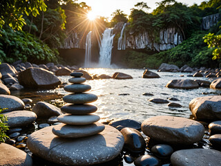 Stack of zen stones podium in greenery forest. Beautiful Balance pebble stone scenery background. Generative AI