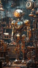 Fototapeta premium A robot is standing in a room with clocks and other machinery