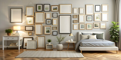 Fototapeta premium Frame mockup of various sizes and styles displayed on a bedroom wall art gallery , wall decor, interior design, artwork