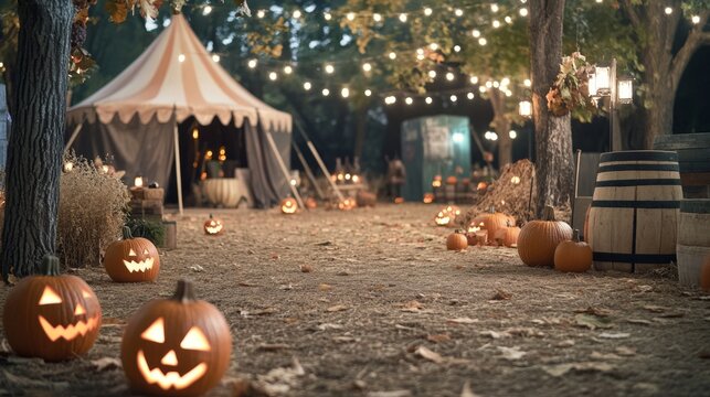Vintage circus Halloween decorations with glowing jack-o-lanterns eerie clowns