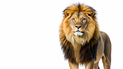 Fototapeta premium Lion standing proudly on white background, wildlife, African, predator, majestic, king of the jungle, feline