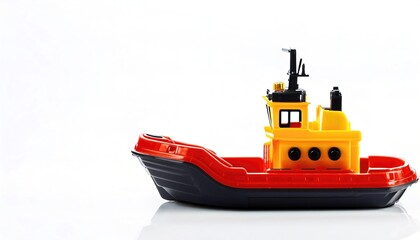 Toy plastic tugboat or tug boat is a marine vessel that maneuver other vessels by pushing or pulling them, with direct contact or a tow line. Isolated on white background.  Children bath tub toy
