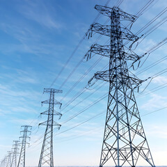 Power line cable towers for electric transmission infrastructure Electrical Engineering Electricity Grid Network Energy Supply Industry Clear Sky Backdrop