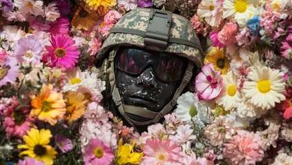 Camouflaged helmet in colorful flower bouquet.