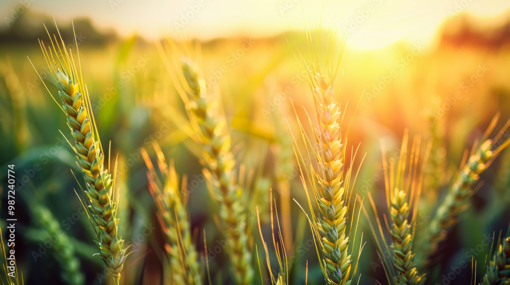 Wall mural golden wheat field at sunset near a rural location