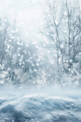 Fototapeta premium Tranquil Winter Landscape with Frost Patterns, Snowflakes, and Bare Trees for Seasonal Holiday Design