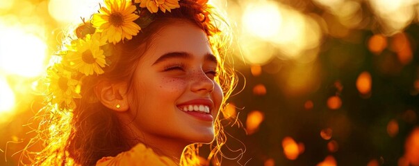 Fototapeta premium Portrait of a young girl with a glowing smile and natural beauty