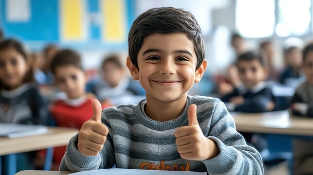 A young boy smiles and gives a thumbs up in a classroom setting.