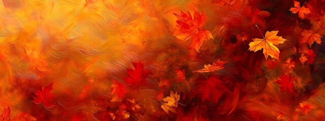 A digital painting depicting autumn leaves in various shades of red, orange, and yellow on an abstract background