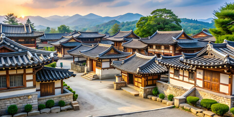 Naklejka premium Traditional Korean village with well-preserved hanok houses, Korea, architecture, heritage, history, culture, village