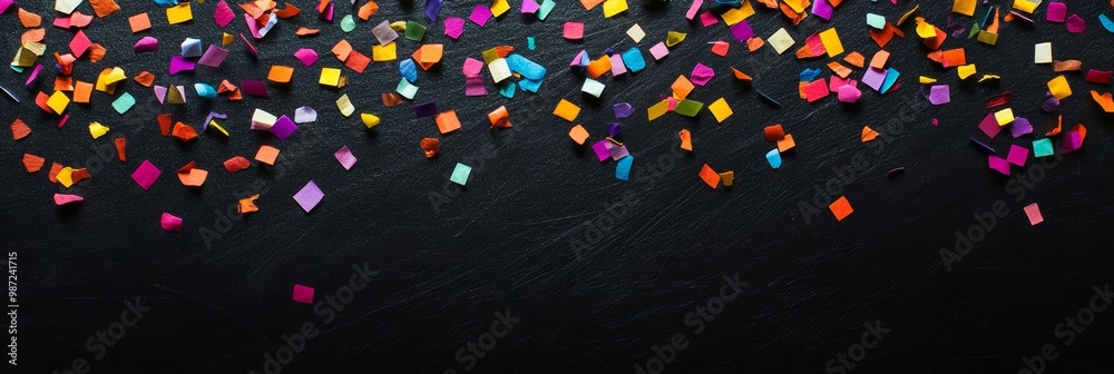 Poster wide view of colorful paper confetti on a dark surface for cyber monday sales.