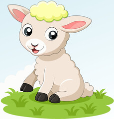Cartoon happy lamb sitting on the grass stock illustration
