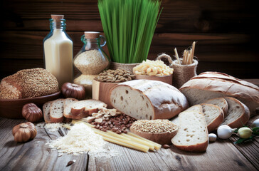 Fototapeta premium Variety of Fresh Bread and Organic Ingredients Arranged on Rustic Wooden Table