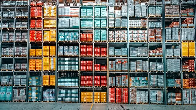 Open-air modern retail hypermarket warehouse with racks brimming with items in transit packing