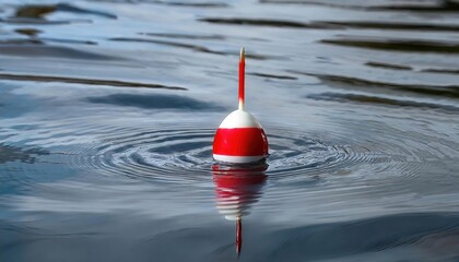 red and white round fishing bobber with water movement and ripples which means a fish is biting. lightweight buoy used in angling, usually attached to a float fishing line. visual bite indicator