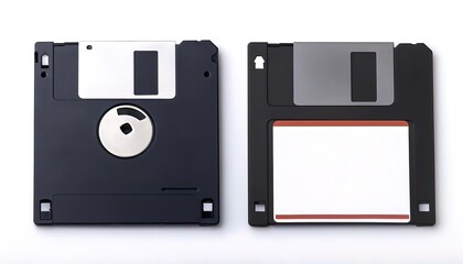Black square magnetic floppy disc Retro 80s. Outdated technology for storing data in an old computer with a small capacity. Creative layout, minimalism, Isolated on white background with copy space
