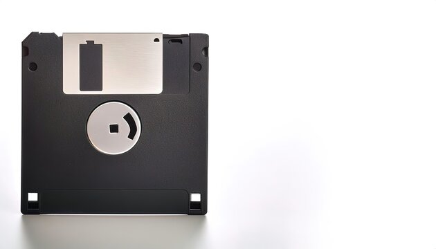 Black square magnetic floppy disc Retro 80s. Outdated technology for storing data in an old computer with a small capacity. Creative layout, minimalism, Isolated on white background with copy space