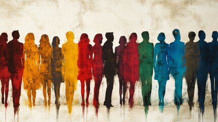 Naklejka premium Abstract figures of a diverse crowd painted in vibrant hues on canvas. Symbolizes cultural diversity and social inclusion.