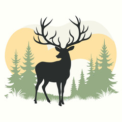 a black and white silhouette of a deer standing in the middle of a forest. vector silhouette