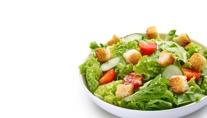 Garden salad is a base of leafy greens such as lettuce, arugula or rocket, kale or spinach and can contain other vegetables like tomato, cucumber, broccoli and have croutons or egg.  Isolated on white