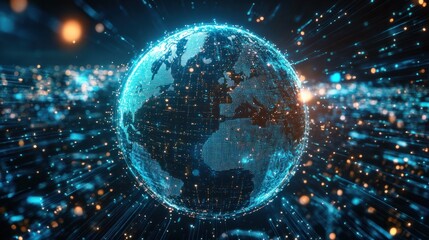 Obraz premium A globe surrounded by glowing data streams, symbolizing the flow of information across the world through digital means.